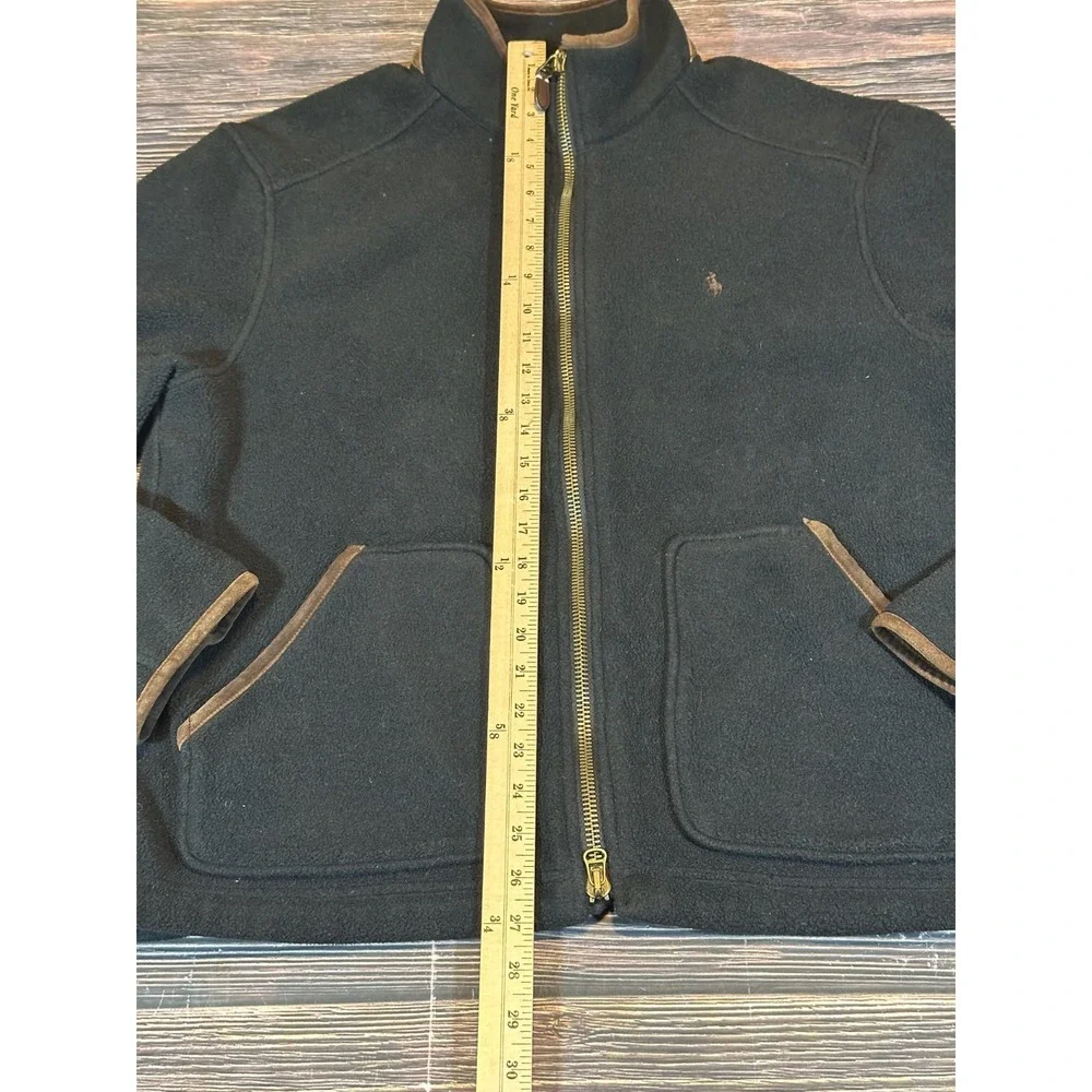 Vintage Polo Ralph Lauren Fleece Jacket Men's XL Black With Brown Leather Trim